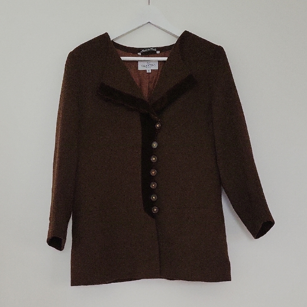 Valentino Miss V | Vintage Brown Wool Blazer with Velvet Trim | Size 46 (US 12)